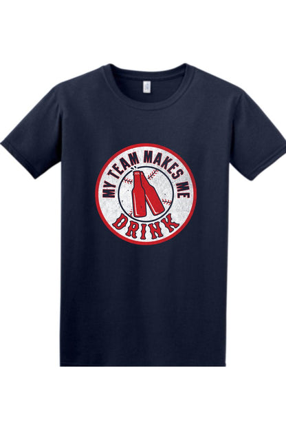 Navy blue Softstyle t-shirt featuring a red and white baseball-themed My Team Makes Me Drink graphic print.