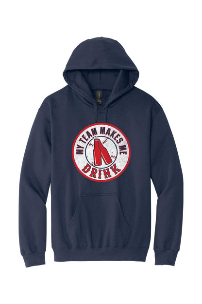 Navy blue fleece pullover hoodie featuring a My Team Makes Me Drink baseball graphic on the chest.