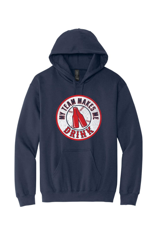 Navy blue fleece pullover hoodie featuring a My Team Makes Me Drink baseball graphic on the chest.
