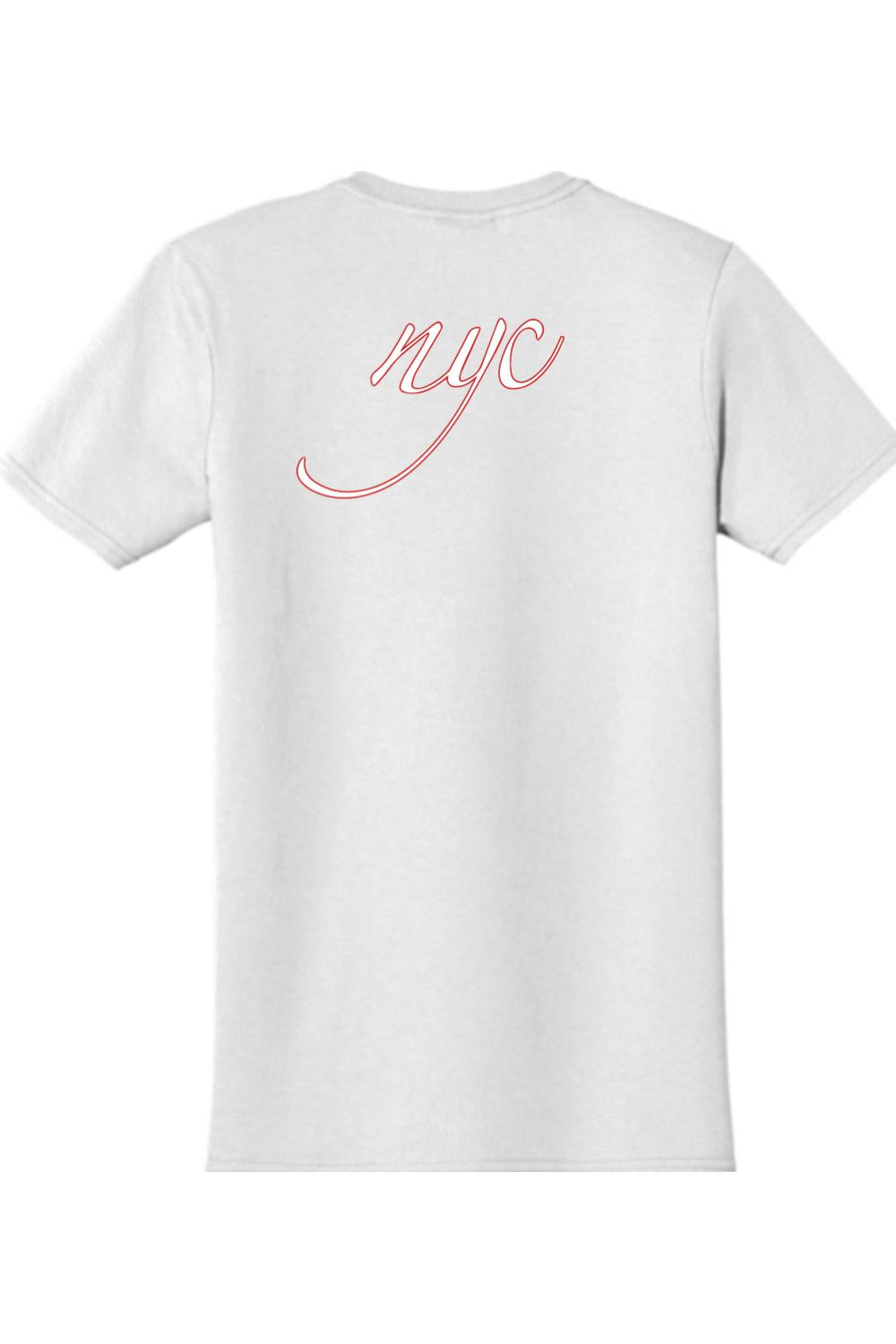 White 100% cotton unisex t-shirt featuring a red cursive NYC logo on the back for a casual, comfortable fit.