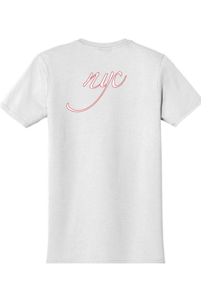 White 100% cotton unisex t-shirt featuring a red cursive NYC logo on the back for a casual, comfortable fit.