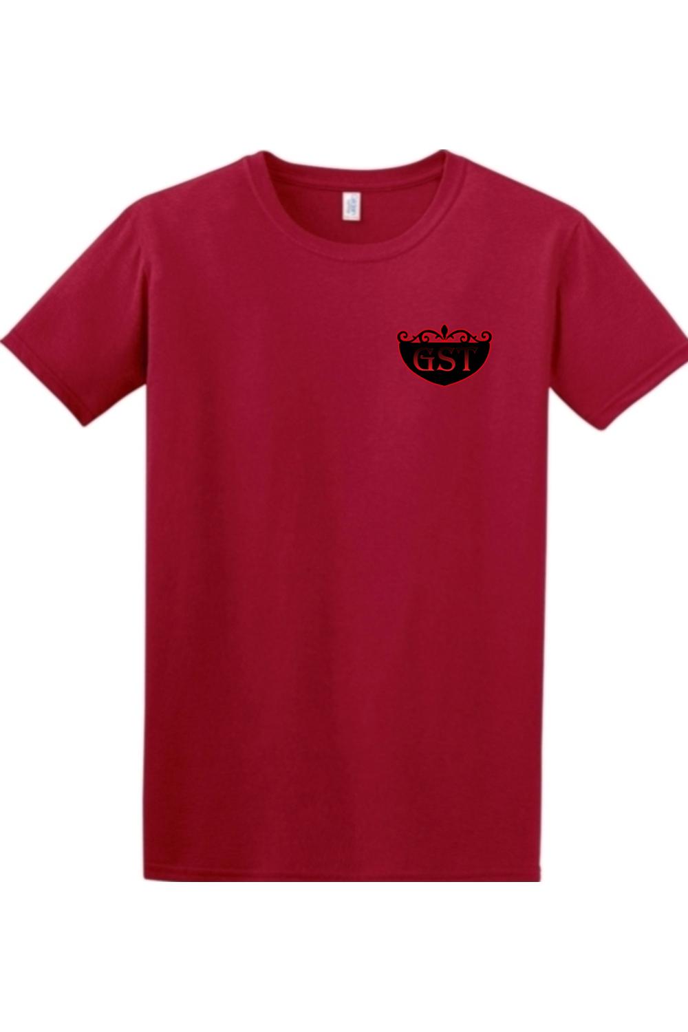 Red 100% cotton unisex t-shirt featuring a black GST logo graphic on the left chest.