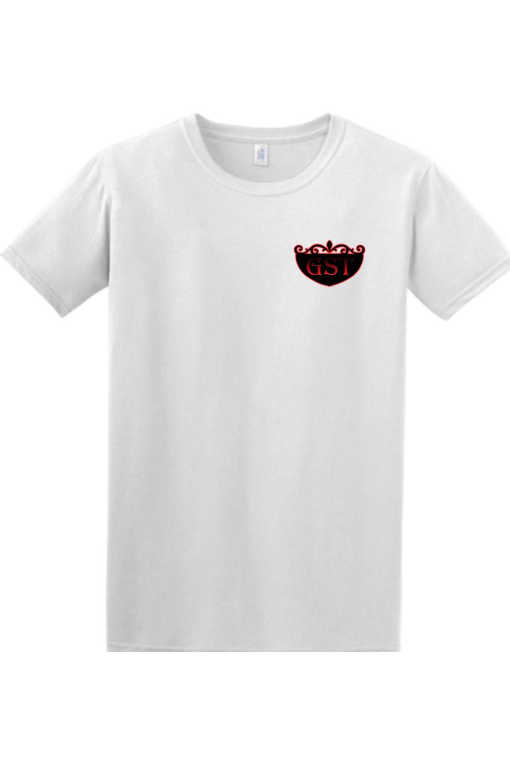 White 100% cotton unisex t-shirt featuring a small black and red GST logo on the left chest.