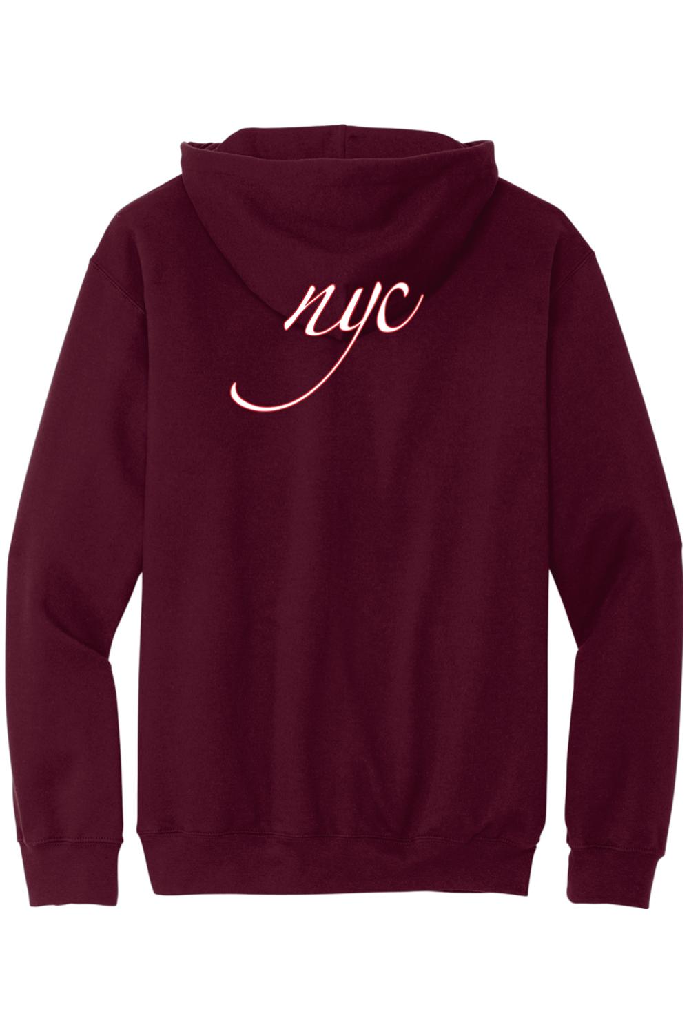 Maroon zip-up hoodie featuring a white cursive NYC logo on the back, crafted from soft cotton material.