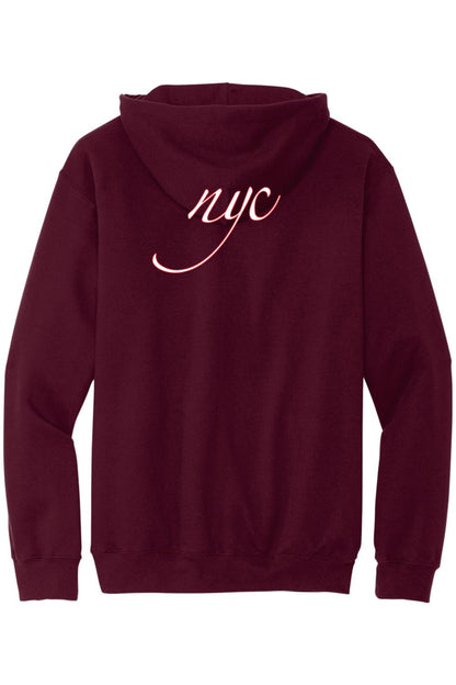 Maroon zip-up hoodie featuring a white cursive NYC logo on the back, crafted from soft cotton material.