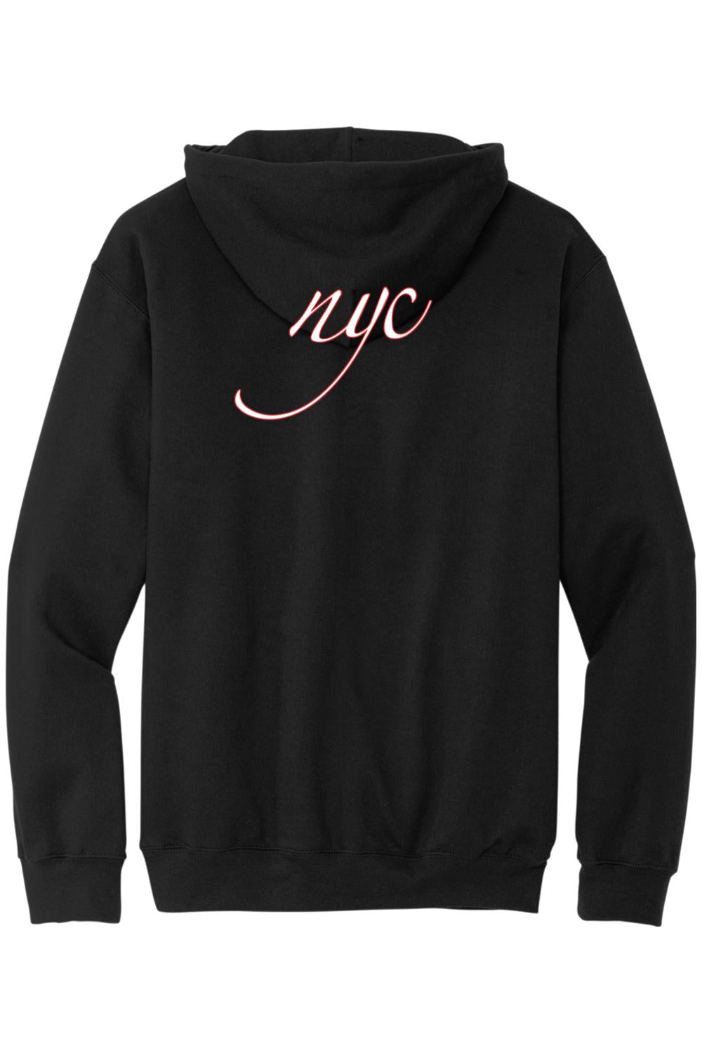 Black zip-up hoodie featuring a white cursive NYC logo on the back, made from soft cotton material.