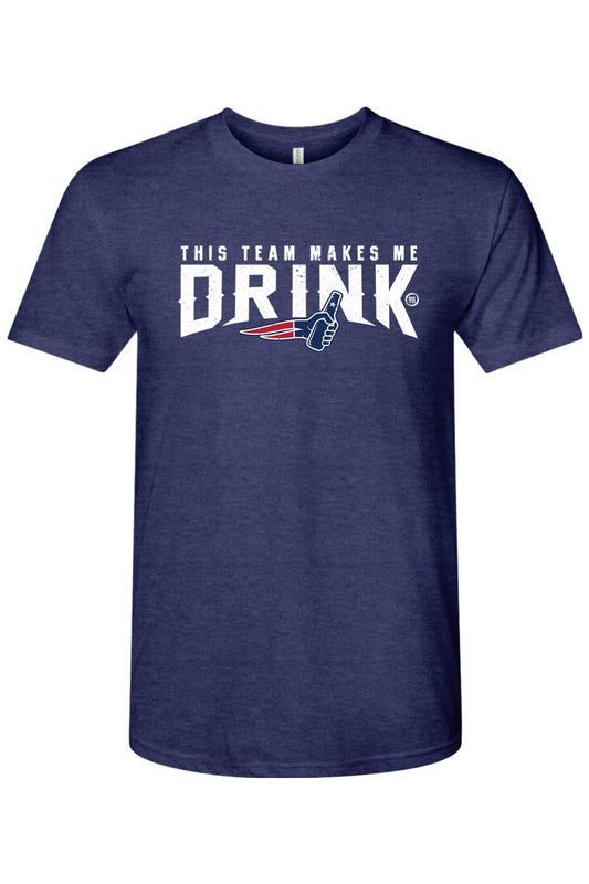Navy blue triblend men's t-shirt featuring white text that reads This Team Makes Me Drink with a football-themed graphic.