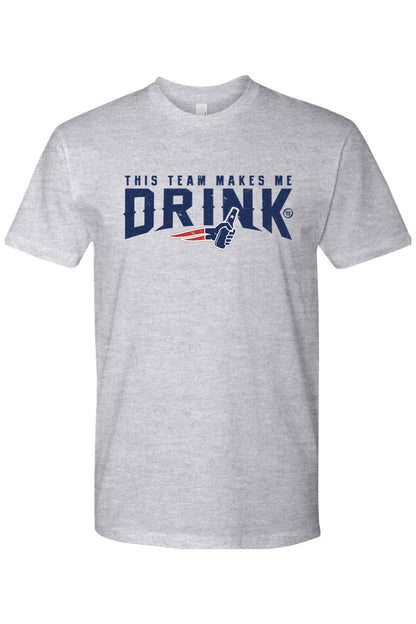 Grey cotton crewneck t-shirt featuring the text This Team Makes Me Drink with a football-themed bottle graphic.