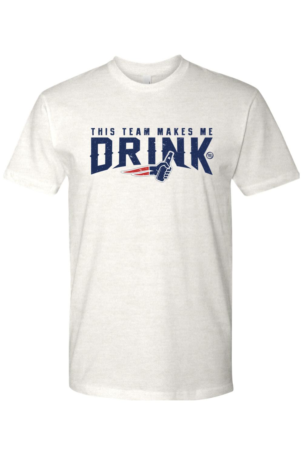 White 100% cotton men's t-shirt featuring blue text that reads This Team Makes Me Drink with a football-themed graphic.