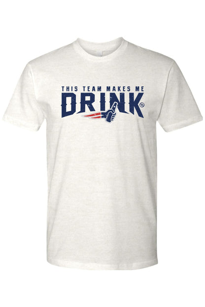White 100% cotton men's t-shirt featuring blue text that reads This Team Makes Me Drink with a football-themed graphic.