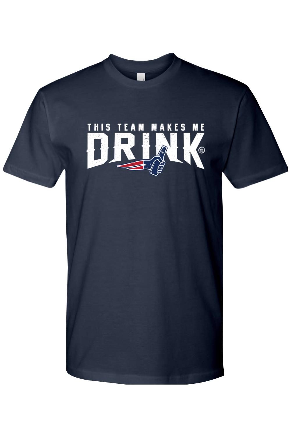 Navy blue 100% cotton men's t-shirt featuring white text reading This Team Makes Me Drink with a bottle graphic.
