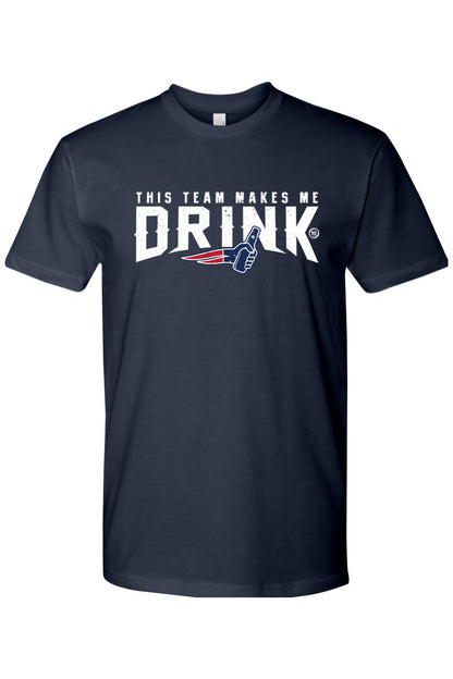 Navy blue 100% cotton men's t-shirt featuring white text reading This Team Makes Me Drink with a bottle graphic.