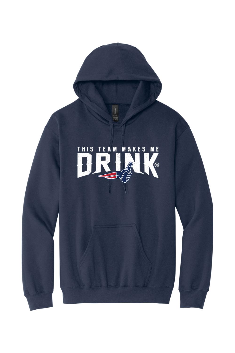 Navy blue pullover hoodie with white This Team Makes Me Drink text and a football logo graphic on the chest.
