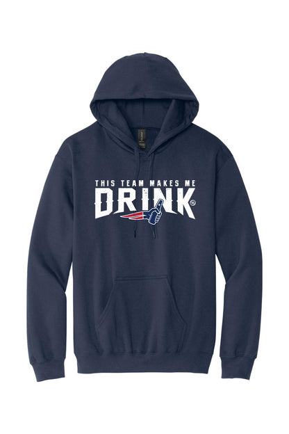 Navy blue pullover hoodie with white This Team Makes Me Drink text and a football logo graphic on the chest.