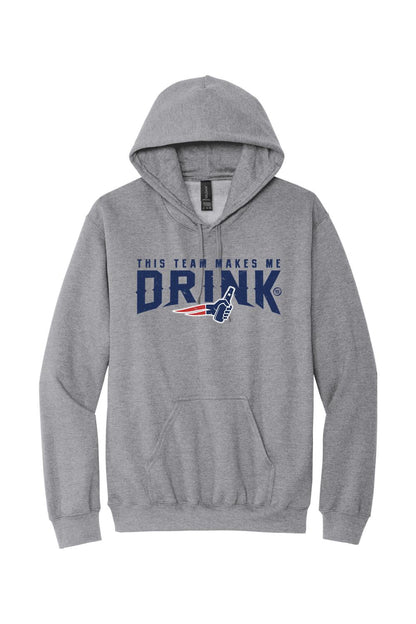 Sport grey pullover hoodie with a blue This Team Makes Me Drink graphic and pouch pocket.