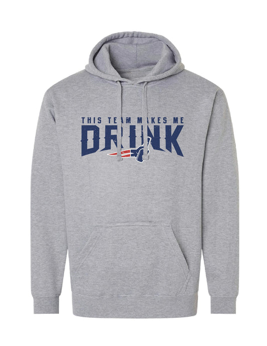 Grey cotton-blend tailgate hoodie with blue text and a bottle opener pouch for game day comfort.