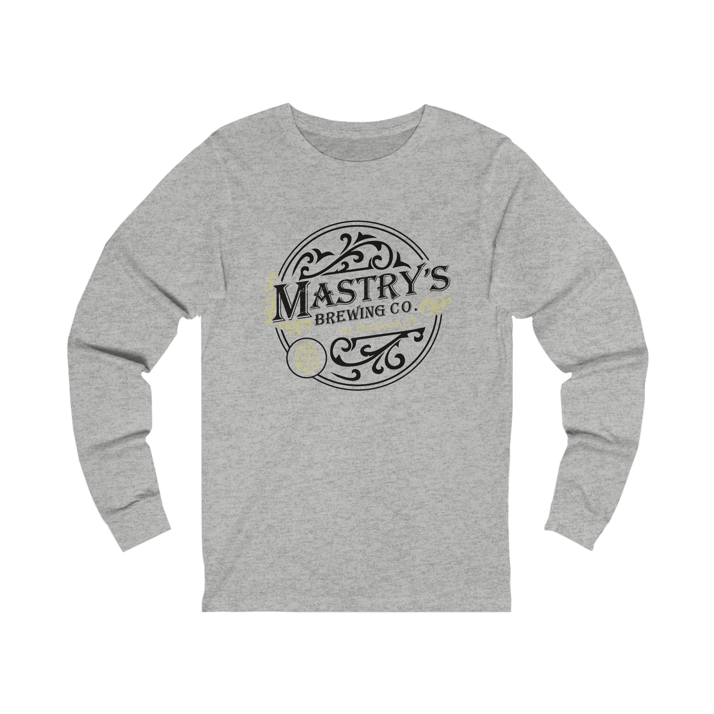 Grey unisex long sleeve shirt featuring a black Mastry's Brewing Co. circular logo with ribbed cuffs and a crew neck.