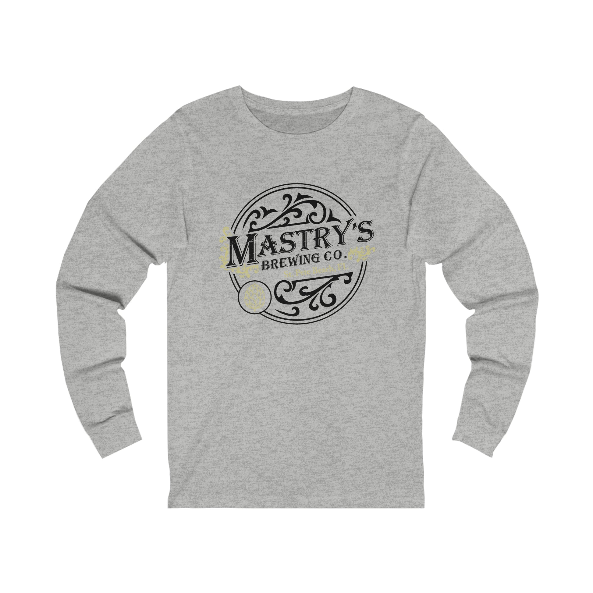 Grey unisex long sleeve shirt featuring a black Mastry's Brewing Co. circular logo with ribbed cuffs and a crew neck.