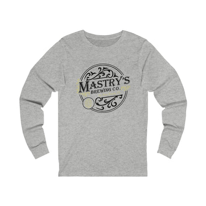 Grey unisex long sleeve shirt featuring a black Mastry's Brewing Co. circular logo with ribbed cuffs and a crew neck.