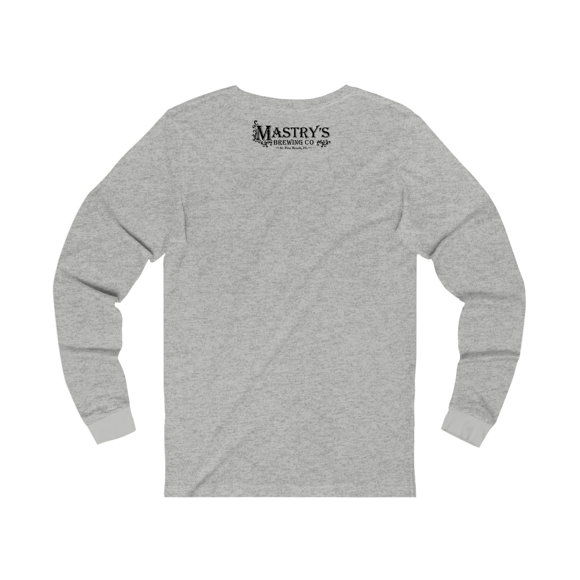 Grey unisex long sleeve shirt with Mastry’s Brewing Co. logo on the back and ribbed cuffs.
