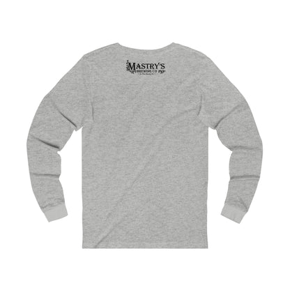 Grey unisex long sleeve shirt with Mastry’s Brewing Co. logo on the back and ribbed cuffs.