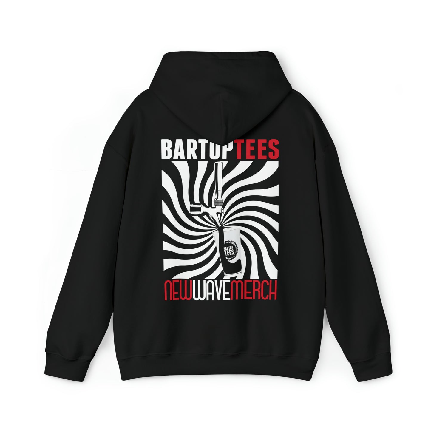 Black hooded sweatshirt featuring a Bartup Tees beer tap graphic with a white and black spiral background.