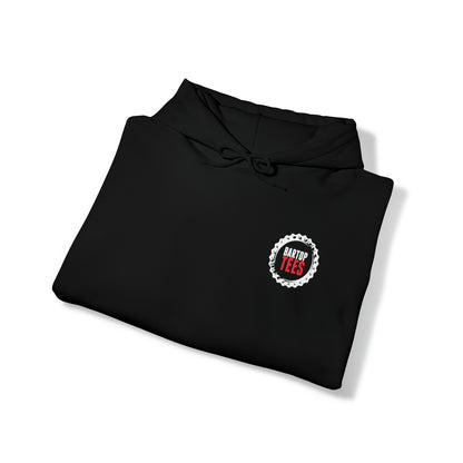 Folded black cotton-blend hooded sweatshirt with a Bartop Tees bottle cap logo on the chest and matching drawstrings.