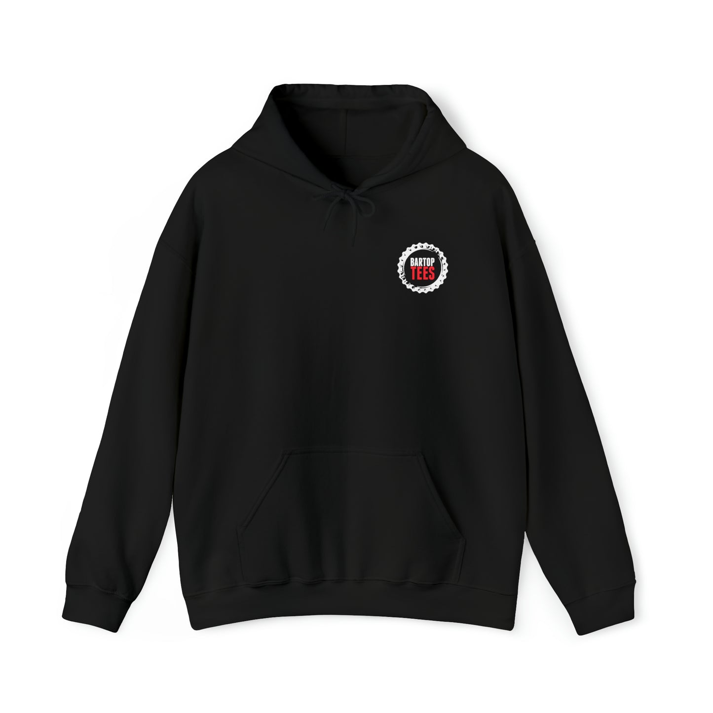 Black unisex hooded sweatshirt with a front pouch pocket, drawcord, and Bartop Tees logo on the chest.
