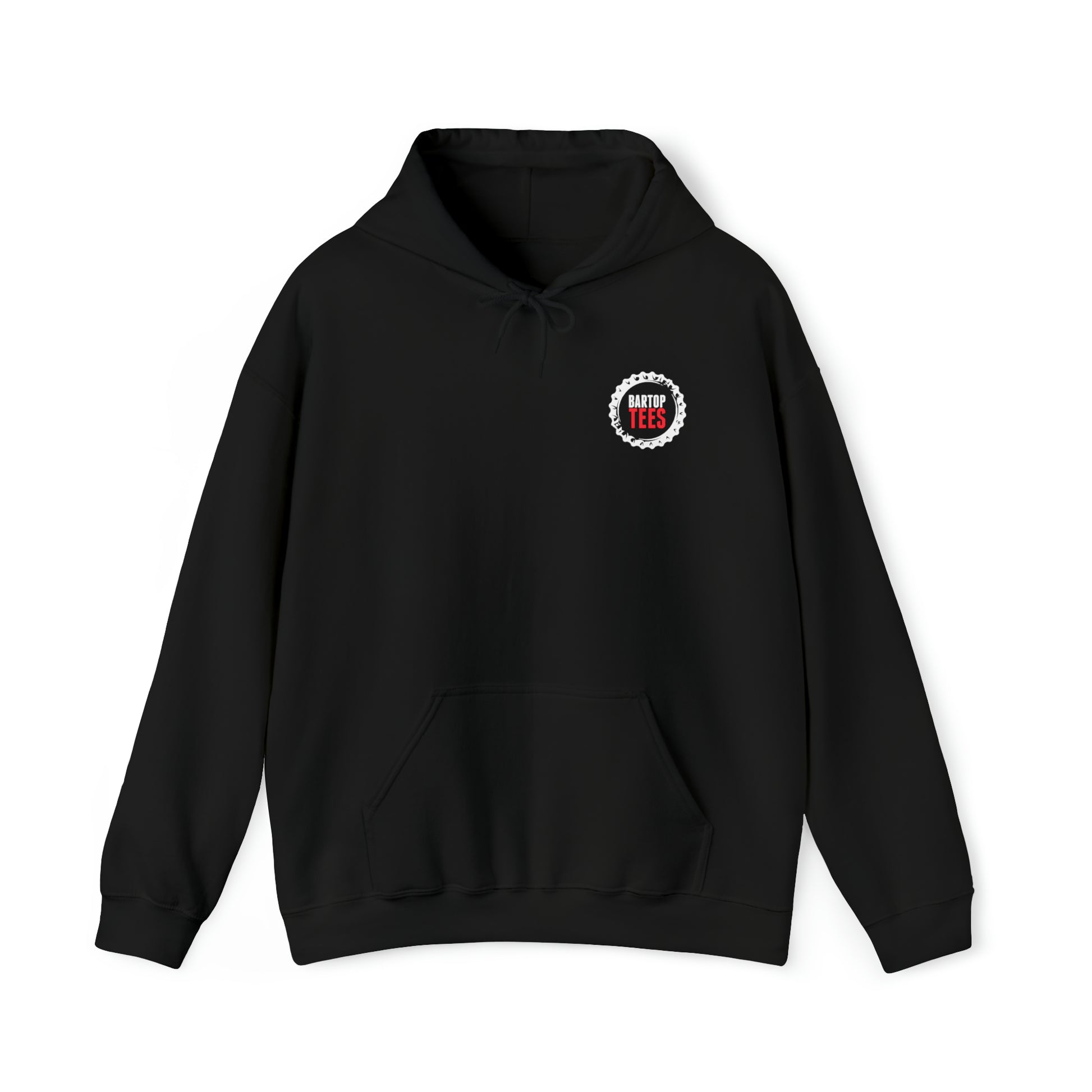Black unisex hooded sweatshirt with a front pouch pocket, drawcord, and Bartop Tees logo on the chest.