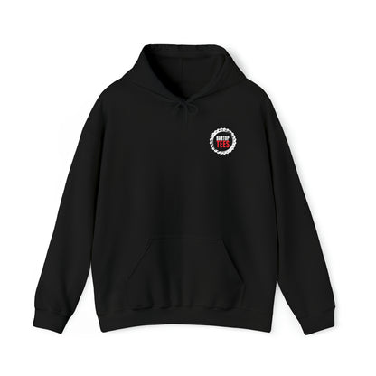 Black unisex hooded sweatshirt with a front pouch pocket, drawcord, and Bartop Tees logo on the chest.