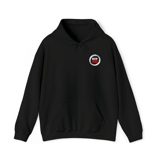 Black unisex hooded sweatshirt with a front pouch pocket, drawcord, and Bartop Tees logo on the chest.