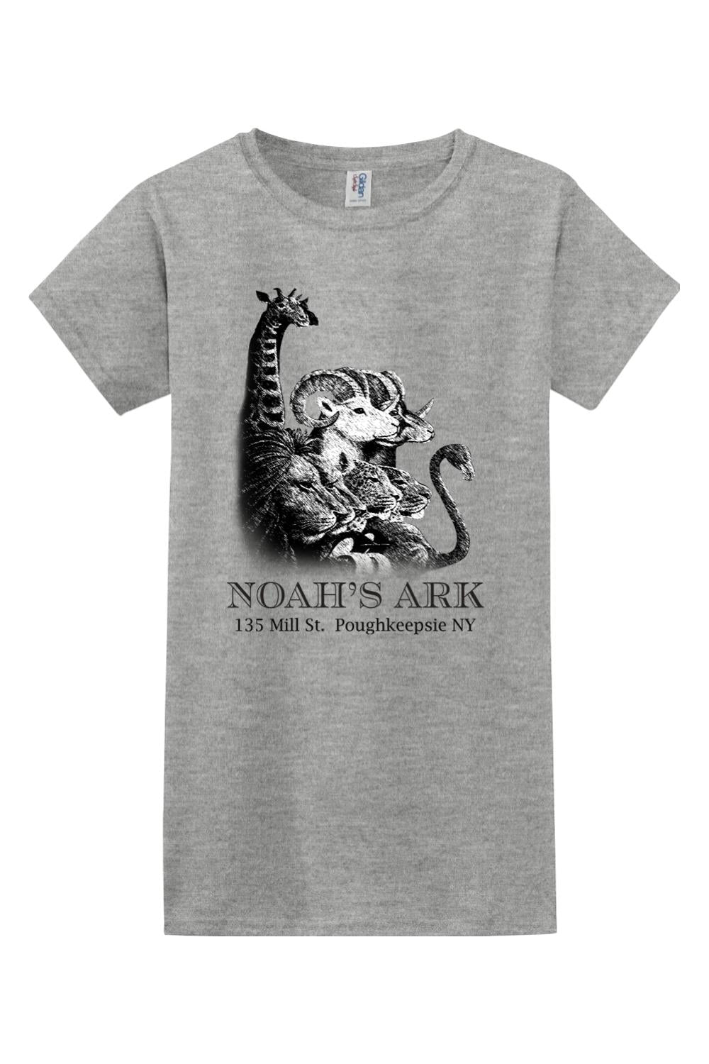 Sport grey women's cotton tee featuring a black Noah's Ark animal graphic and text on the front.