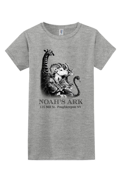 Sport grey women's cotton tee featuring a black Noah's Ark animal graphic and text on the front.
