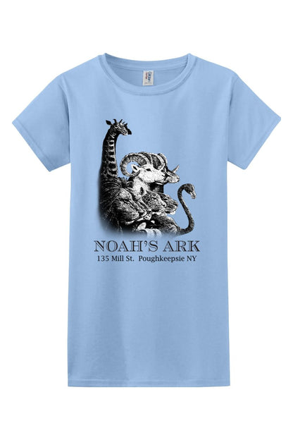 Light blue women's cotton tee featuring a black Noah's Ark animal graphic and text on the front.