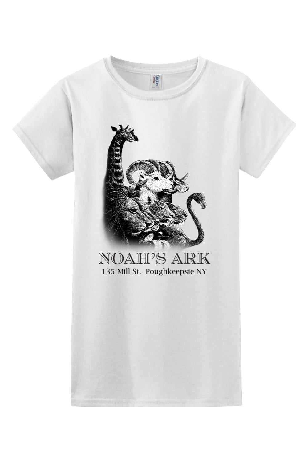 White women's cotton t-shirt featuring a black Noah's Ark animal graphic and text on the front.