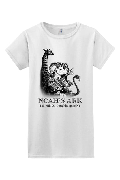 White women's cotton t-shirt featuring a black Noah's Ark animal graphic and text on the front.