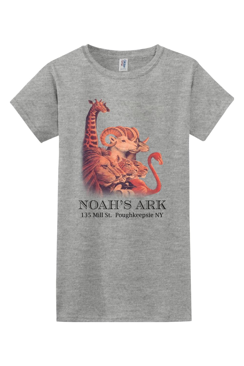 Sport grey women's cotton tee featuring a colorful Noah's Ark animal graphic and Poughkeepsie NY text.