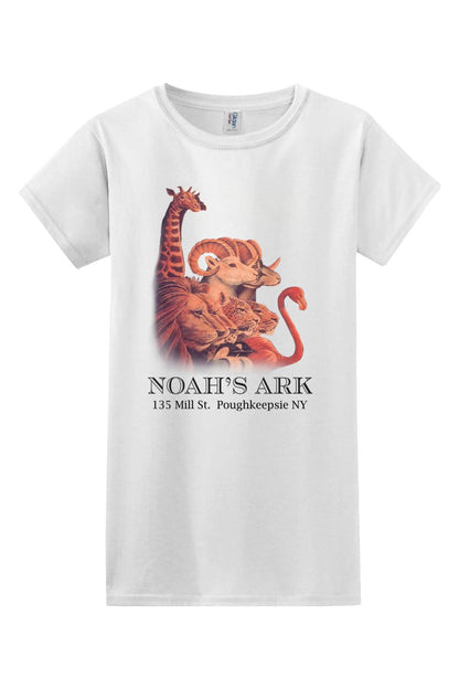 White cotton women's t-shirt featuring a colorful Noah's Ark animal graphic and text on the front.