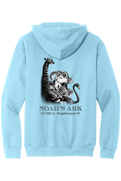 Light blue midweight hoodie featuring a black Noah's Ark animal graphic and text on the back.