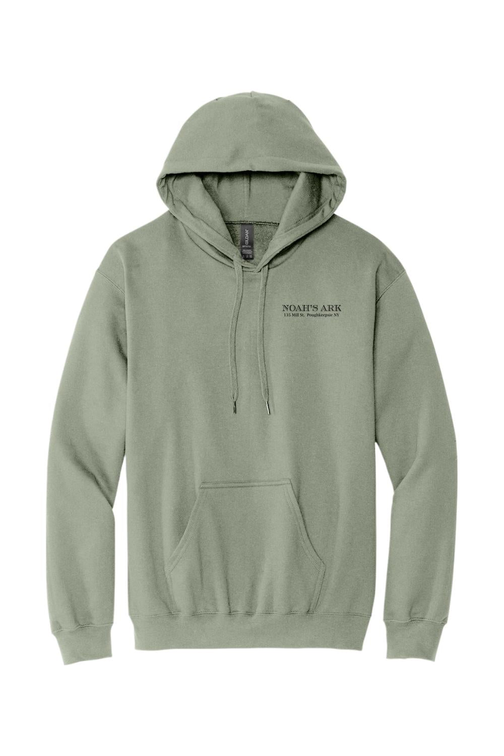 Sage green midweight hoodie with a black Noah's Ark logo crest on the chest and a front kangaroo pocket.