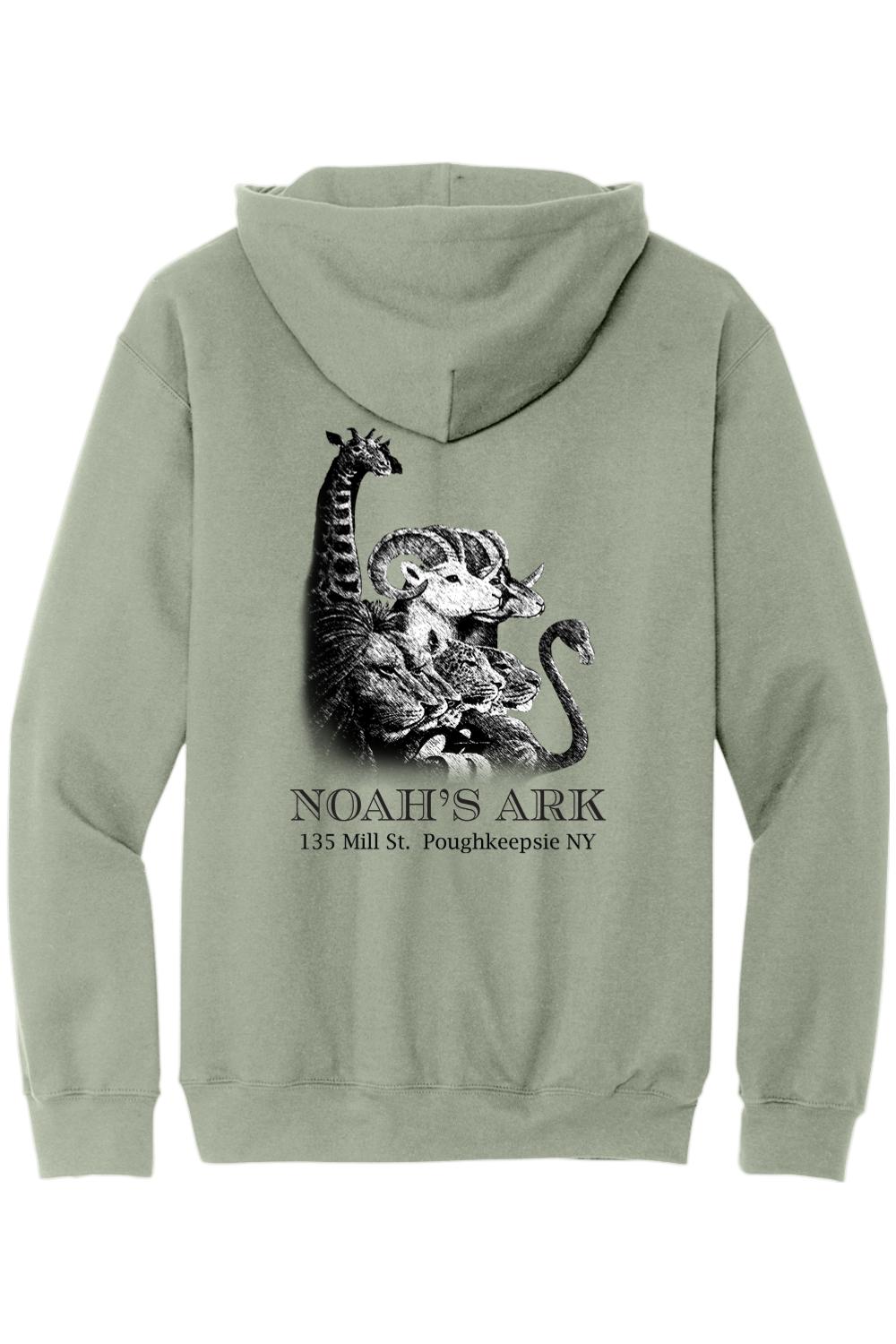 Sage green midweight hoodie featuring a black Noah's Ark animal graphic and text on the back.