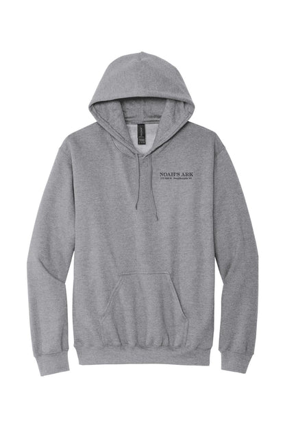 Sport grey midweight hoodie featuring a black Noah's Ark logo crest on the chest and a front kangaroo pocket.