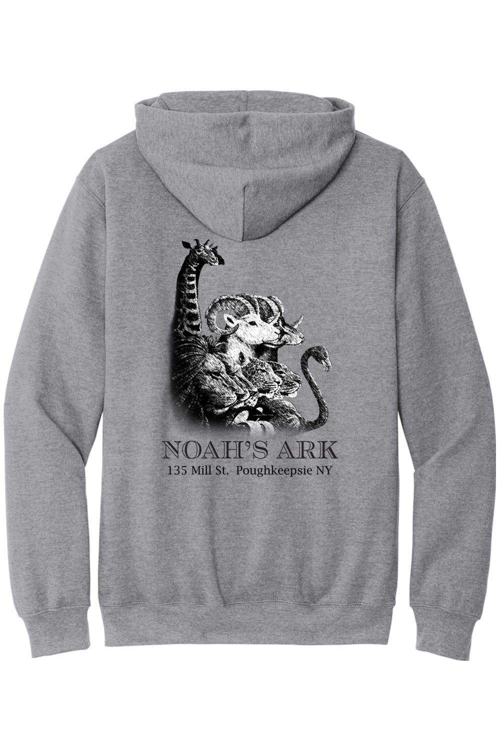 Sport grey midweight hoodie featuring a black Noah's Ark animal graphic and text on the back.