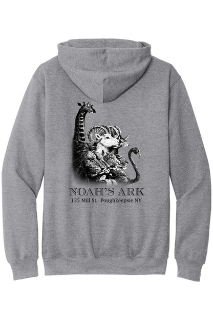 Sport grey midweight hoodie featuring a black Noah's Ark animal graphic and text on the back.