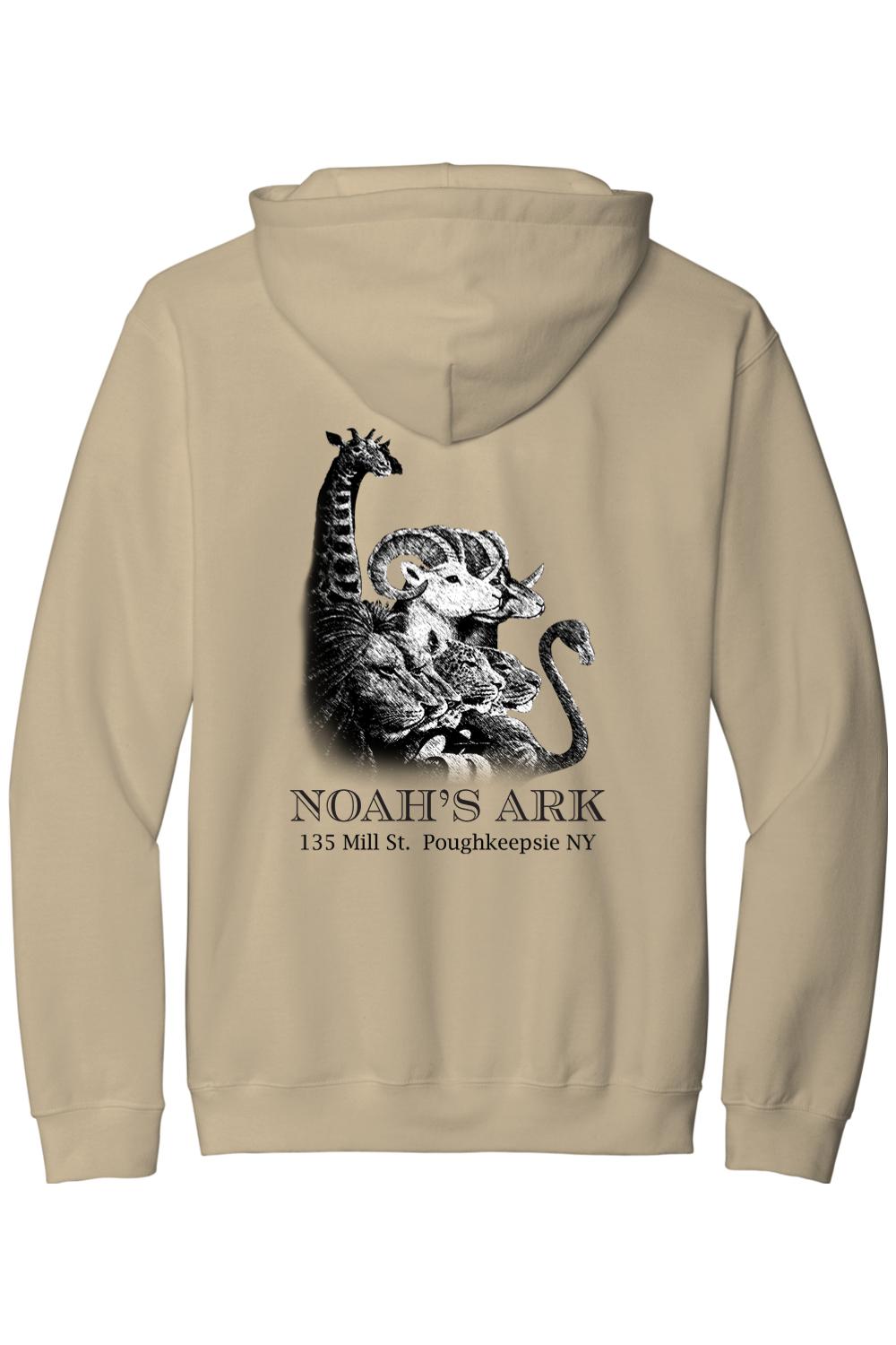 Tan midweight hoodie featuring a black Noah's Ark animal graphic and text on the back.