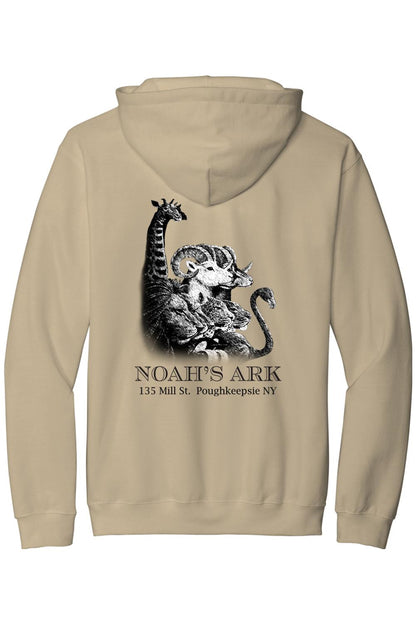 Tan midweight hoodie featuring a black Noah's Ark animal graphic and text on the back.