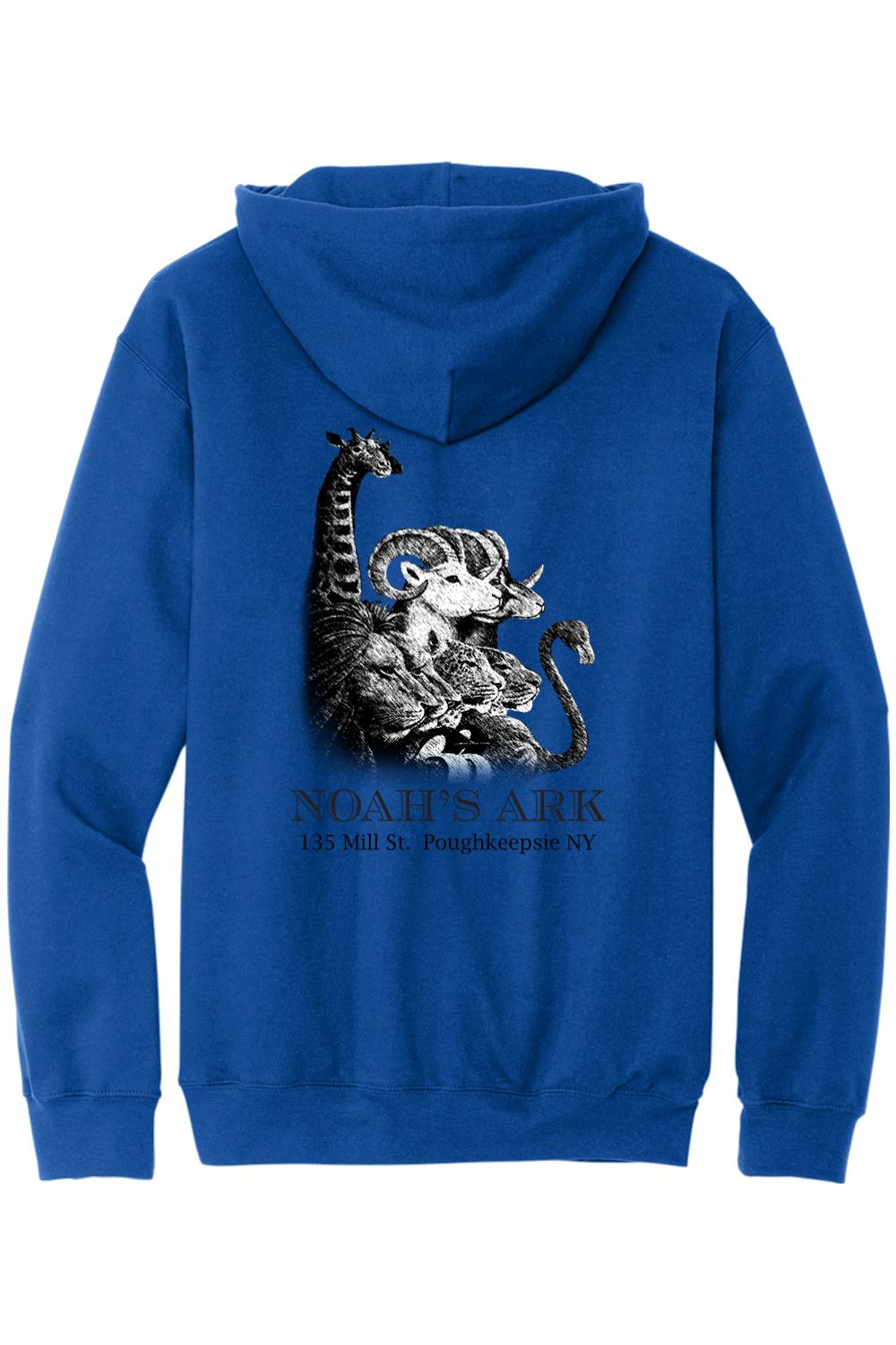 Blue midweight hoodie featuring a black and white Noah's Ark animal graphic and text on the back.