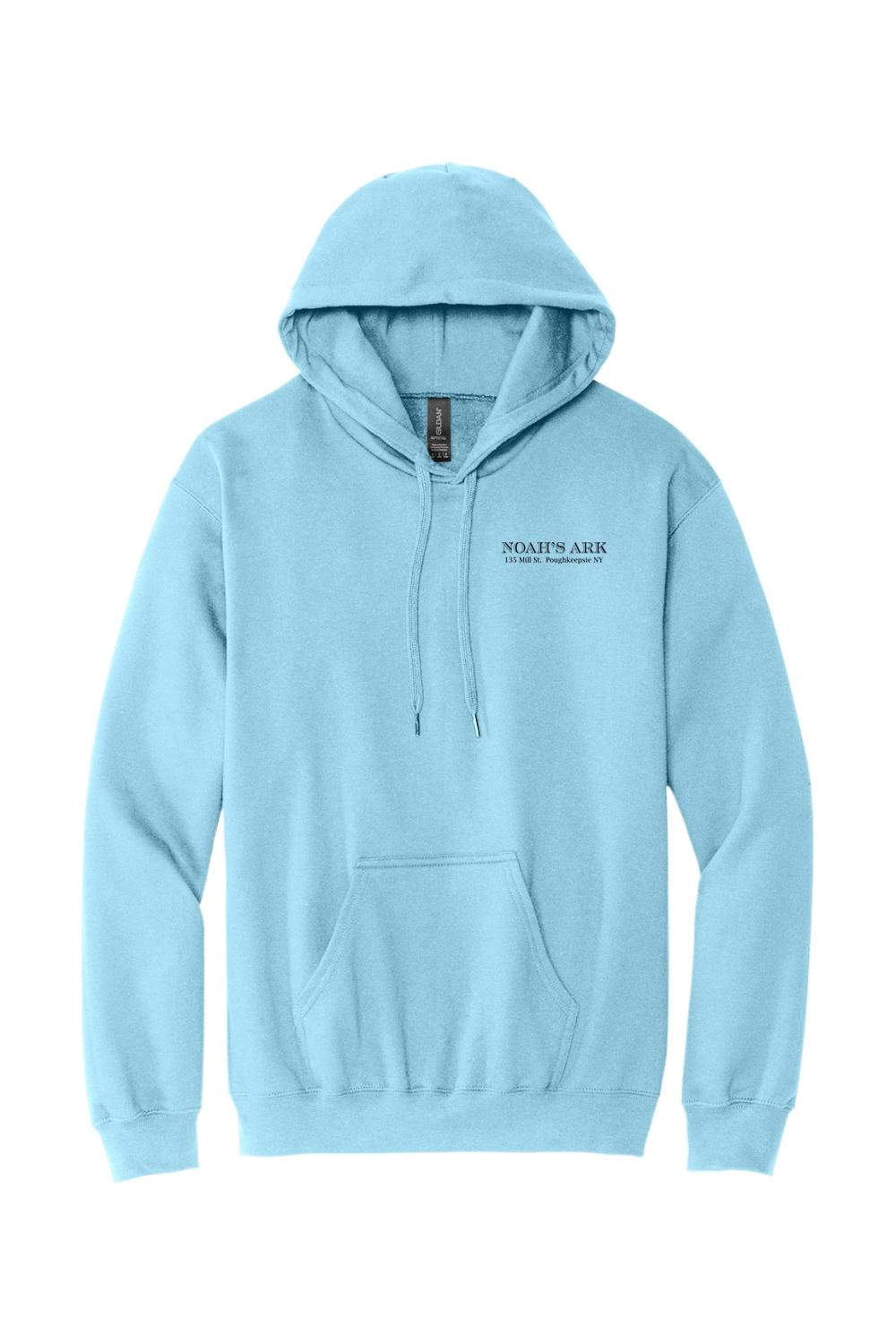 Light blue midweight cotton hoodie featuring a small Noah's Ark logo crest on the chest and a front kangaroo pocket.