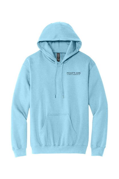 Light blue midweight cotton hoodie featuring a small Noah's Ark logo crest on the chest and a front kangaroo pocket.