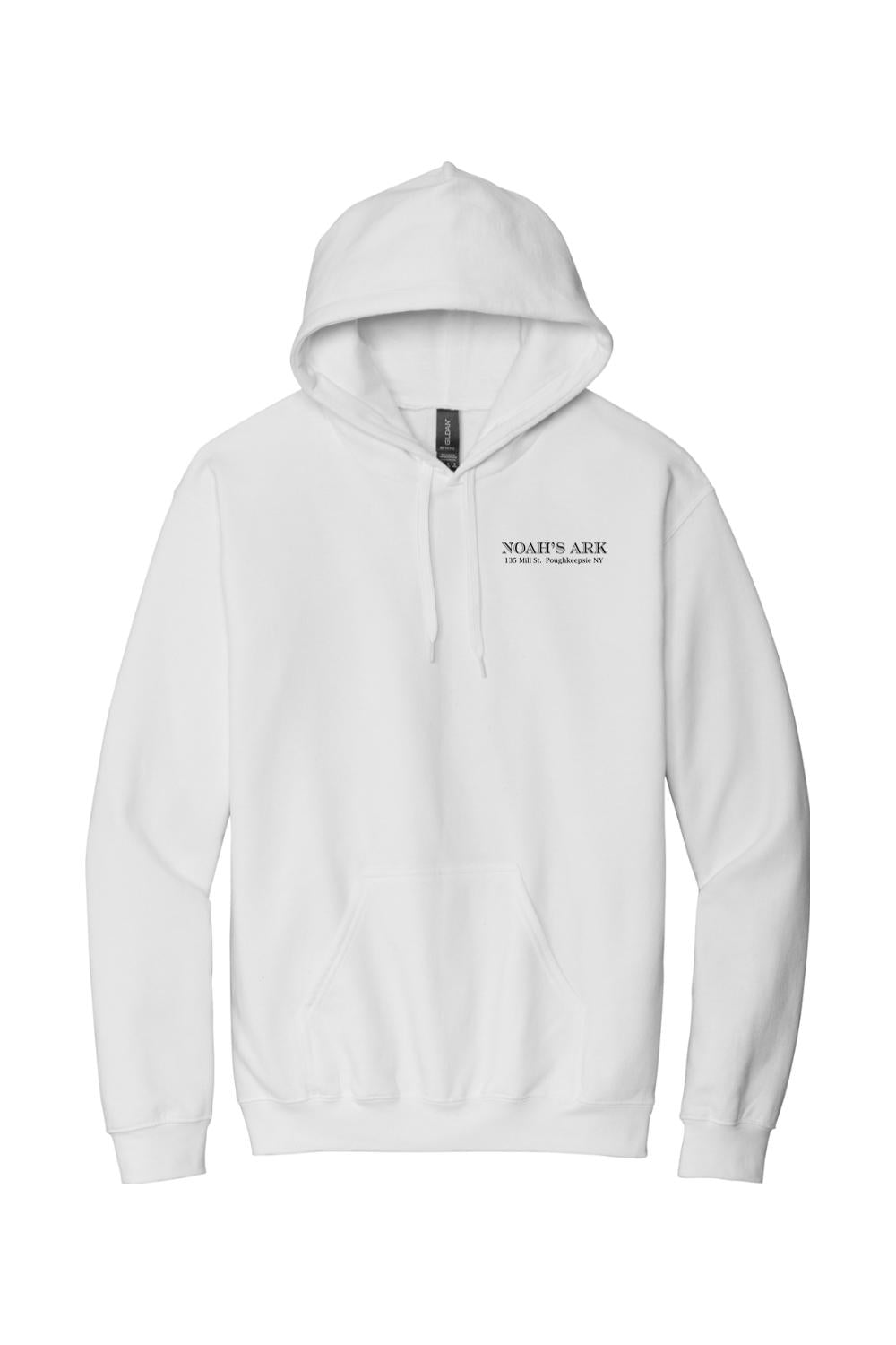 White midweight cotton hoodie featuring a small black Noah's Ark logo crest on the front chest.